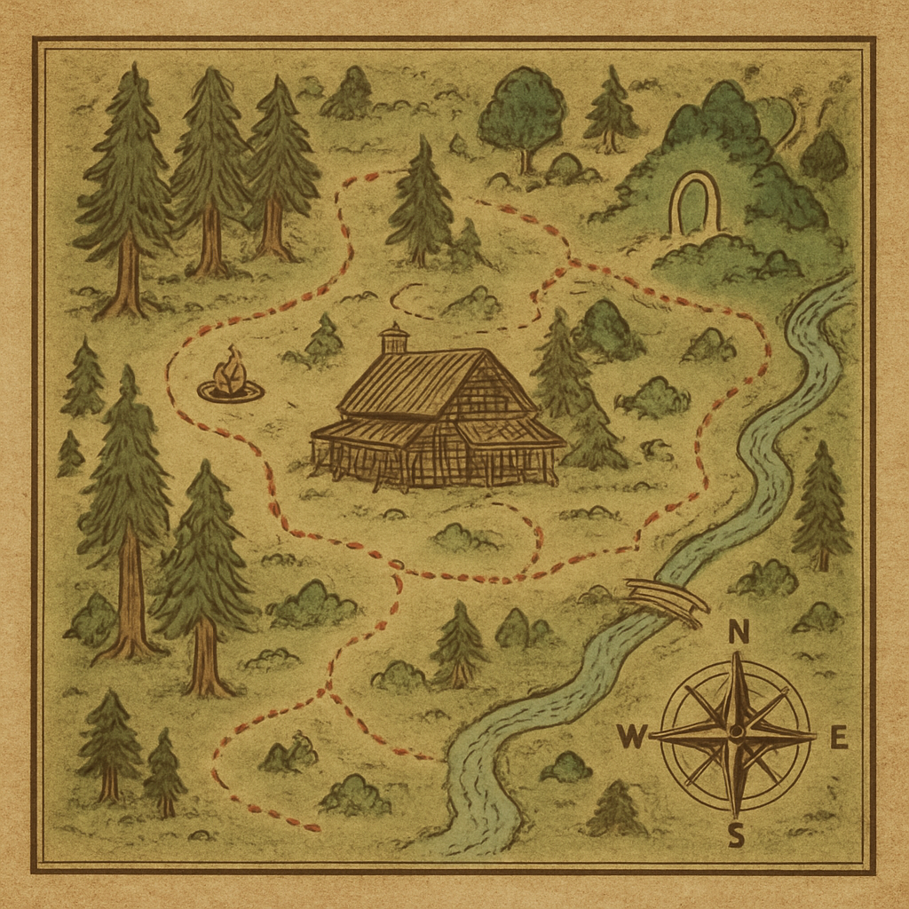 Vintage illustrated visitor map of The Citadel grounds showing trails, the lodge, fire pit, and a glowing green portal overlook
